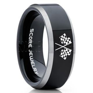 Racing Ring, Racing Flag Ring, Checkered Flag Ring, Chequered Flag Ring, Black Tungsten Ring, Auto Racing Ring, Black Wedding Band, Black Tungsten Ring