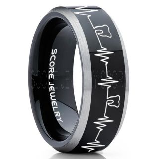 Dentist Ring, Dental Ring, Tooth Ring, Tooth Heartbeat Ring, Molar Tooth Ring, Black Tungsten Band, Black Tungsten Wedding Band, Dental Hygienist Gift, Dentist Gift