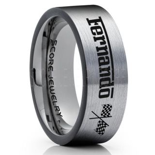 Auto Racing Ring, Ferrari Ring, Personalize with Custom Name, Racing Ring, Racing Wedding Band, Auto Racing Wedding Ring, Silver Tungsten Band, Silver Wedding Ring