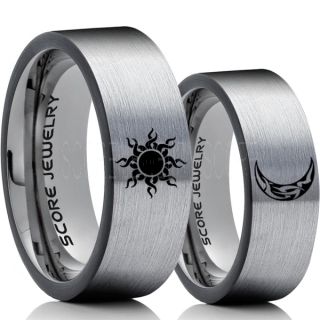 Sun and Moon Rings, Sun Ring, Moon Ring, 2 Piece Couple Tribal Sun and Moon Rings, Sun and Moon Wedding Bands, Tribal Sun and Moon Rings, Silver Tungsten Bands, Sun and Moon Wedding Bands
