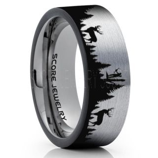 Deer Hunting Ring, Elk Hunting Ring, Deer Hunting Tungsten Ring, Crossbow Deer Hunting Ring, Crossbow Deer Ring, Elk in Forest Scene Ring, Deer Jewelry, Silver Tungsten Wedding Band