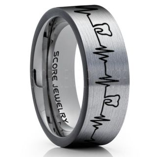 Dentist Ring, Dental Ring, Tooth Ring, Tooth Heartbeat Ring, Molar Tooth Ring, Silver Tungsten Band, Silver Tungsten Wedding Band, Dental Hygienist Gift, Dentist Gift