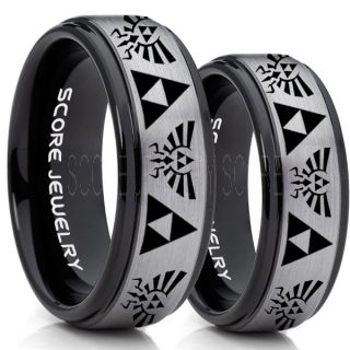 Zelda Ring, Gamer Ring, 2 Piece Couple Set Legend of Zelda Rings, Zelda Wedding Rings, Zelda Wedding Bands, Black Tungsten Rings, Black Wedding Bands
