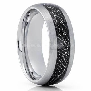 Meteorite Ring, Silver Tungsten Band with Meteorite Inlay, Meteorite Wedding Band, Meteorite Wedding Ring, Silver Tungsten Ring, Silver Wedding Band