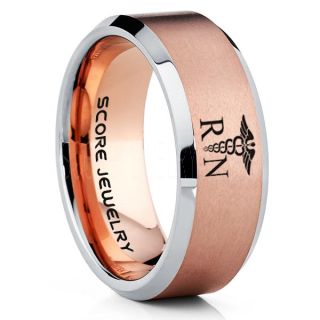 Nurse Ring, Registered Nurse Ring, RN Nurse Wedding Band, Career Ring, RN Nurse Jewelry, Nurse 14K Rose Gold Tungsten Ring, Rose Gold Wedding Band, Rose Gold Tungsten Wedding Band