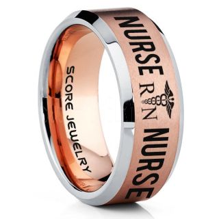 Nurse Ring, Registered Nurse Ring, RN Nurse Wedding Band, Career Ring, RN Nurse Jewelry, Nurse 14K Rose Gold Tungsten Ring, Rose Gold Wedding Band, Rose Gold Tungsten Wedding Band