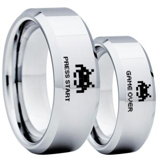 Player 1 Player 2 Rings, Retro Gamer Rings, Gamer Rings, Space Invaders Rings, Atari Rings, Nintendo Rings, Silver Tungsten Rings, Silver Wedding Bands, Couple Ring Set Gamer Rings