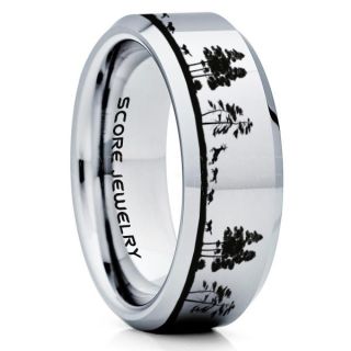 Wolves Hunting Deer Ring, Deer Hunting Ring, Elk Hunting Ring, Deer Hunting Tungsten Ring, Wolves Hunting Deer Scene Ring, Crossbow Deer Ring, Elk in Forest Scene Ring, Deer Jewelry, Silver Tungsten Wedding Band