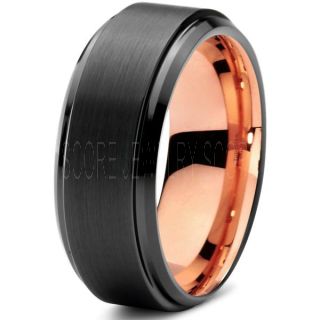 Black Tungsten Ring with Step Edge 8mm Tungsten Wedding Band with 14K Rose Gold Interior