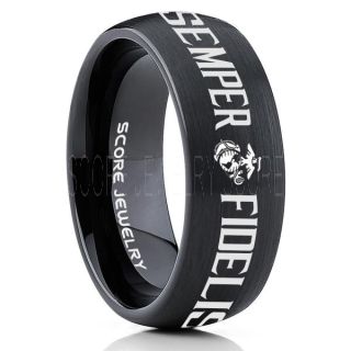 Semper Fidelis Marines Ring, United States Marine Corps Ring, 8mm Black Tungsten Ring, Black Wedding Band, Black Tungsten Band, Military Ring, United States Marine Corps