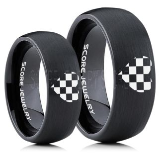Racing Ring, 2 Piece Couple Ring Set, Racing Flag Ring, Checkered Flag Heart Ring, Chequered Flag Ring, Black Tungsten Ring, Auto Racing Ring, Black Wedding Band, Black Tungsten Ring