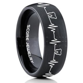 Dentist Ring, Dental Ring, Tooth Ring, Tooth Heartbeat Ring, Molar Tooth Ring, Black Tungsten Band, Black Tungsten Wedding Band, Dental Hygienist Gift, Dentist Gift