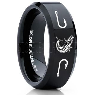 Wahoo Ring, Wahoo Fish Ring, Wahoo Jewelry, Fishing Ring, Fish Hook Ring, Black Tungsten Ring, Black Wedding Band, Hunting Ring, Fish Hooks Wedding band