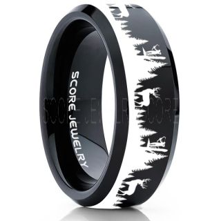 Deer Hunting Ring, Elk Hunting Ring, Deer Hunting Tungsten Ring, Crossbow Deer Hunting Ring, Crossbow Deer Ring, Elk in Forest Scene Ring, Deer Jewelry, Black Tungsten Wedding Band