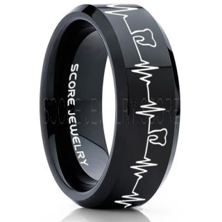Dentist Ring, Dental Ring, Tooth Ring, Tooth Heartbeat Ring, Molar Tooth Ring, Black Tungsten Band, Black Tungsten Wedding Band, Dental Hygienist Gift, Dentist Gift