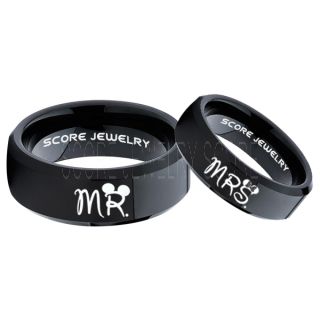 Mickey Mouse Ring, Minnie Mouse Ring, 2 Piece Couple Set Black Tungsten Bands, Mr & Mrs Rings, Tungsten Wedding Bands, Black Wedding Rings