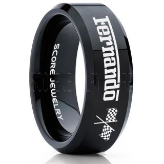 Auto Racing Ring, Ferrari Ring, Personalize with Custom Name, Racing Ring, Racing Wedding Band, Auto Racing Wedding Ring, Black Tungsten Band, Black Wedding Ring