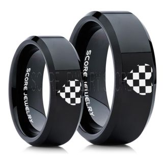 Racing Ring, 2 Piece Couple Ring Set, Racing Flag Ring, Checkered Flag Heart Ring, Chequered Flag Ring, Black Tungsten Ring, Auto Racing Ring, Black Wedding Band, Black Tungsten Ring