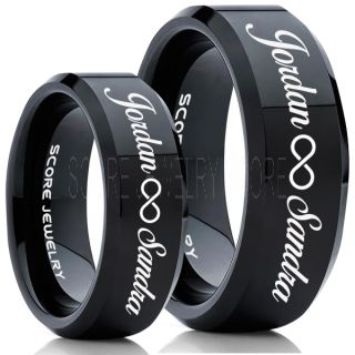 Infinity Couple Rings, Matching Couple Wedding Rings Set, Couple Wedding Rings, CUSTOMIZE YOUR NAMES Wedding Bands, Always and Forever Jewelry, Black Tungsten Wedding Ring, Black Tungsten Rings