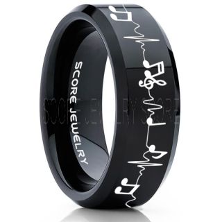 Music Ring, Music Heartbeat Ring, Music Sheet Ring, Music Jewelry, Piano Ring, Black Tungsten Ring, Black Ring, Black Wedding Band, Treble Clef Note Ring, Music Notes Ring