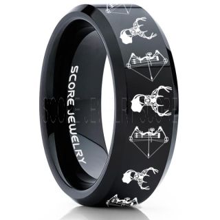 Deer Hunting Ring, Elk Hunting Ring, Deer Hunting Tungsten Ring, Crossbow Deer Hunting Ring, Crossbow Deer Ring, Elk in Forest Scene Ring, Deer Jewelry, Black Tungsten Wedding Band