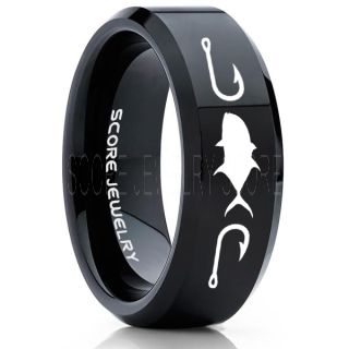 Bluefin Trevally Ring, Trevally Ring, Trevally Jewelry, Fishing Ring, Fish Hook Ring, Black Tungsten Ring, Black Wedding Band, Hunting Ring, Fish Hooks Wedding band