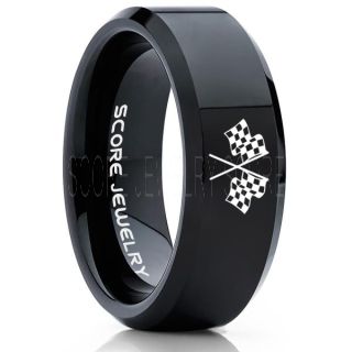 Racing Ring, Racing Flag Ring, Checkered Flag Ring, Chequered Flag Ring, Black Tungsten Ring, Auto Racing Ring, Black Wedding Band, Black Tungsten Ring