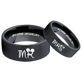 Mickey Mouse Ring, Minnie Mouse Ring, 2 Piece Couple Set Black Tungsten Bands, Mr & Mrs Rings, Tungsten Wedding Bands, Black Wedding Rings