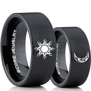 Sun and Moon Rings, Sun Ring, Moon Ring, 2 Piece Couple Tribal Sun and Moon Rings, Sun and Moon Wedding Bands, Tribal Sun and Moon Rings, Black Tungsten Bands, Sun and Moon Wedding Bands