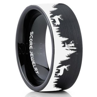 Deer Hunting Ring, Elk Hunting Ring, Deer Hunting Tungsten Ring, Crossbow Deer Hunting Ring, Crossbow Deer Ring, Elk in Forest Scene Ring, Deer Jewelry, Black Tungsten Wedding Band
