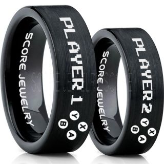 Gamer Rings, Couple Ring Set, Player 1 Player 2 Rings, Controller Rings, Black Gamer Wedding Rings, Black Tungsten Gamer Wedding Bands, Black Tungsten Rings, Black Wedding Bands, Gamer Jewelry