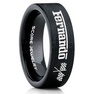 Auto Racing Ring, Ferrari Ring, Personalize with Custom Name, Racing Ring, Racing Wedding Band, Auto Racing Wedding Ring, Black Tungsten Band, Black Wedding Ring