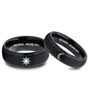 2 Piece Couple Tribal Sun and Moon Rings, Sun and Moon Wedding Bands, Tribal Sun and Moon Rings, Black Tungsten Bands, Sun and Moon Wedding Bands