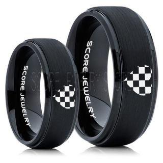Racing Ring, 2 Piece Couple Ring Set, Racing Flag Ring, Checkered Flag Heart Ring, Chequered Flag Ring, Black Tungsten Ring, Auto Racing Ring, Black Wedding Band, Black Tungsten Ring