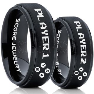 Gamer Rings, Couple Ring Set, Player 1 Player 2 Rings, Controller Rings, Black Gamer Wedding Rings, Black Tungsten Gamer Wedding Bands, Black Tungsten Rings, Black Wedding Bands, Gamer Jewelry