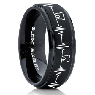 Dentist Ring, Dental Ring, Tooth Ring, Tooth Heartbeat Ring, Molar Tooth Ring, Black Tungsten Band, Black Tungsten Wedding Band, Dental Hygienist Gift, Dentist Gift