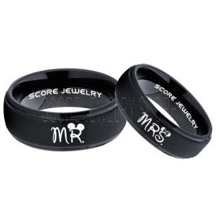 Mickey Mouse Ring, Minnie Mouse Ring, 2 Piece Couple Set Black Tungsten Bands, Mr & Mrs Rings, Tungsten Wedding Bands, Black Wedding Rings