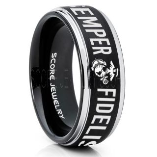 Semper Fidelis Marines Ring, United States Marine Corps Ring, 8mm Black Tungsten Ring, Black Wedding Band, Black Tungsten Band, Military Ring, United States Marine Corps