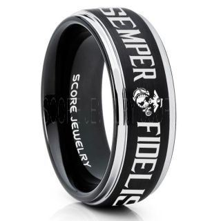Semper Fidelis Marines Ring, United States Marine Corps Ring, 8mm Black Tungsten Ring, Black Wedding Band, Black Tungsten Band, Military Ring, United States Marine Corps