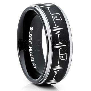 Dentist Ring, Dental Ring, Tooth Ring, Tooth Heartbeat Ring, Molar Tooth Ring, Black Tungsten Band, Black Tungsten Wedding Band, Dental Hygienist Gift, Dentist Gift