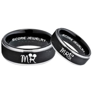 Mickey Mouse Ring, Minnie Mouse Ring, 2 Piece Couple Set Black Tungsten Bands, Mr & Mrs Rings, Tungsten Wedding Bands, Black Wedding Rings