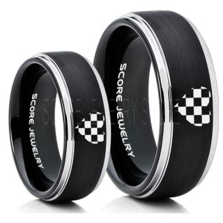 Racing Ring, 2 Piece Couple Ring Set, Racing Flag Ring, Checkered Flag Heart Ring, Chequered Flag Ring, Black Tungsten Ring, Auto Racing Ring, Black Wedding Band, Black Tungsten Ring