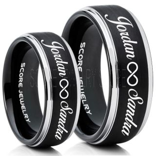 Infinity Couple Rings, Matching Couple Wedding Rings Set, Couple Wedding Rings, CUSTOMIZE YOUR NAMES Wedding Bands, Always and Forever Jewelry, Black Tungsten Wedding Ring, Black Tungsten Rings