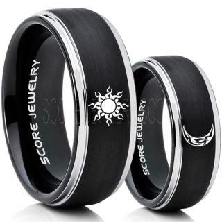 Sun and Moon Rings, Sun Ring, Moon Ring, 2 Piece Couple Tribal Sun and Moon Rings, Sun and Moon Wedding Bands, Tribal Sun and Moon Rings, Black Tungsten Bands, Sun and Moon Wedding Bands