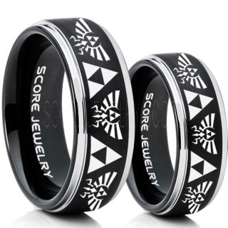 Zelda Ring, Gamer Ring, 2 Piece Couple Set Legend of Zelda Rings, Zelda Wedding Rings, Zelda Wedding Bands, Black Tungsten Rings, Black Wedding Bands