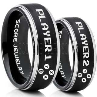 Gamer Rings, Couple Ring Set, Player 1 Player 2 Rings, Controller Rings, Black Gamer Wedding Rings, Black Tungsten Gamer Wedding Bands, Black Tungsten Rings, Black Wedding Bands, Gamer Jewelry