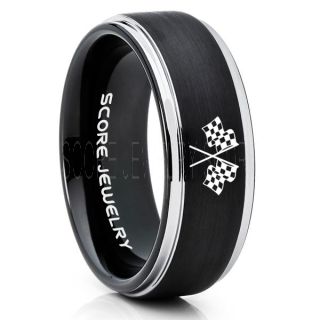 Racing Ring, Racing Flag Ring, Checkered Flag Ring, Chequered Flag Ring, Black Tungsten Ring, Auto Racing Ring, Black Wedding Band, Black Tungsten Ring