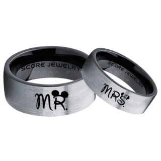 Mickey Mouse Ring, Minnie Mouse Ring, 2 Piece Couple Set Black Tungsten Bands, Mr & Mrs Rings, Tungsten Wedding Bands, Black Wedding Rings