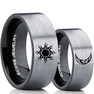 Sun and Moon Rings, Sun Ring, Moon Ring, 2 Piece Couple Tribal Sun and Moon Rings, Sun and Moon Wedding Bands, Tribal Sun and Moon Rings, Silver Tungsten Bands, Sun and Moon Wedding Bands