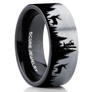 Deer Hunting Ring, Elk Hunting Ring, Deer Hunting Tungsten Ring, Crossbow Deer Hunting Ring, Crossbow Deer Ring, Elk in Forest Scene Ring, Deer Jewelry, Silver Tungsten Wedding Band